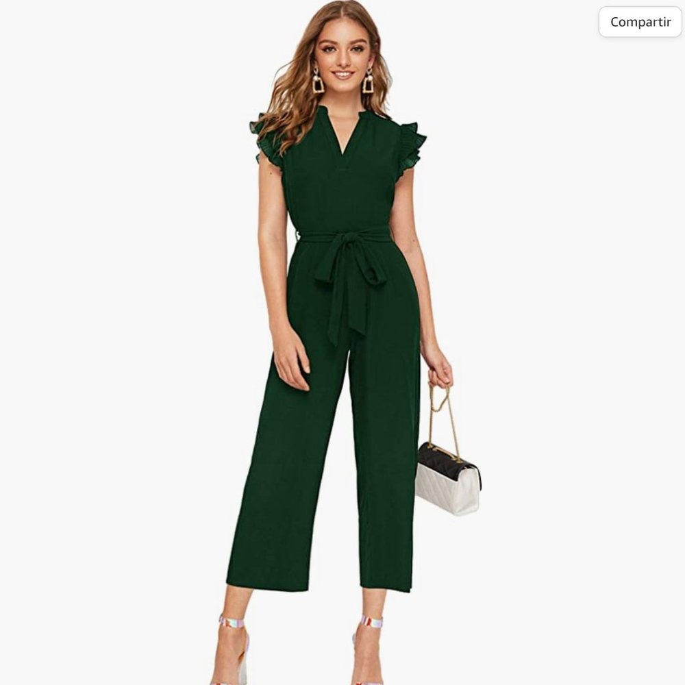 Women's Pleated Sleeve Pleated Belted Wide Leg Jumpsuit Green M